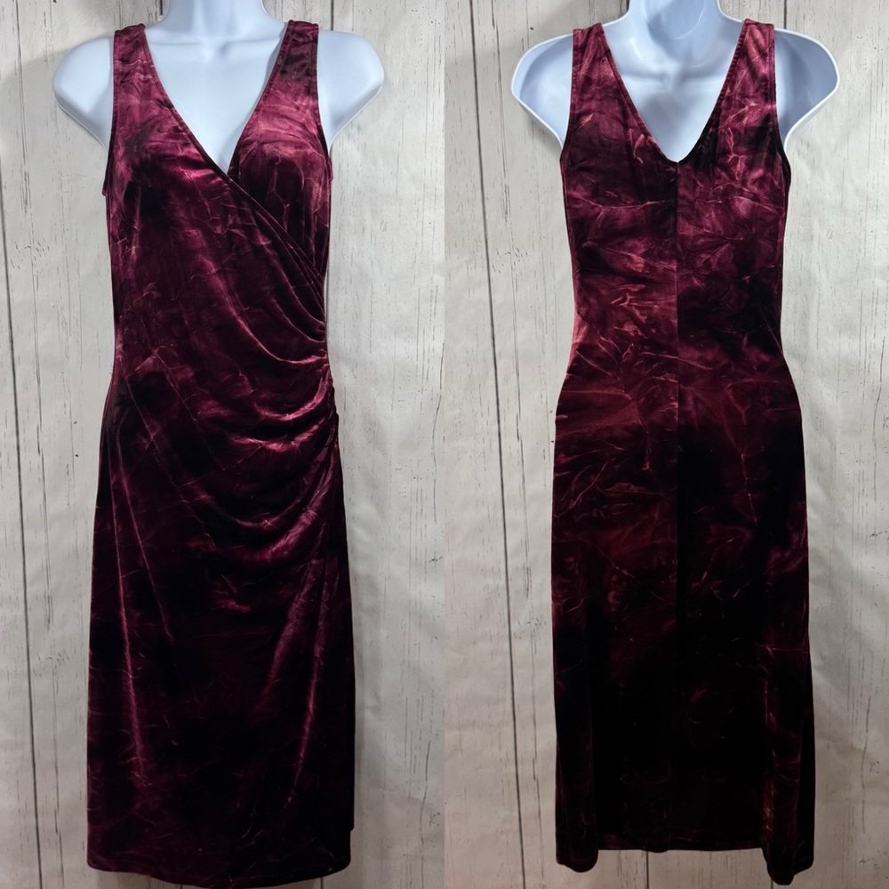 Vintage bebe Burgundy Crushed Velvet Dress Y2K Ruched Bodycon Midi Made in USA